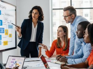 A team of professionals reviewing a digital integration roadmap on a large screen — diverse workforce, modern office, focused expressions.