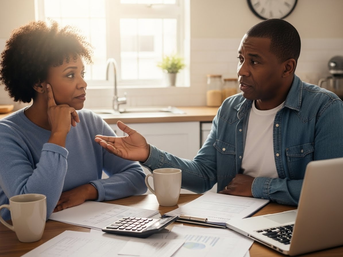 Retired South African couple reviewing pension documents while waiting for payout, considering a pension bridging loan