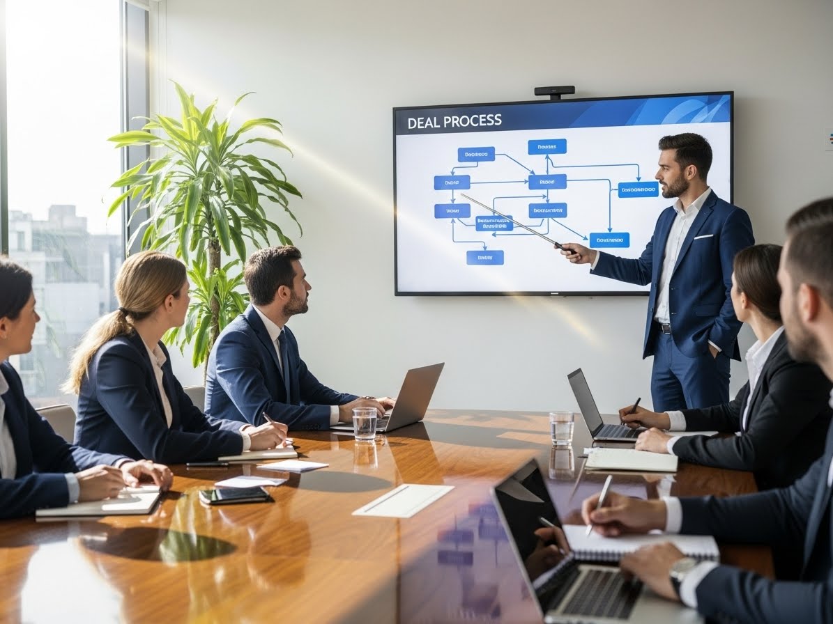 Business professionals discussing the mergers and acquisitions process in a South African corporate boardroom.