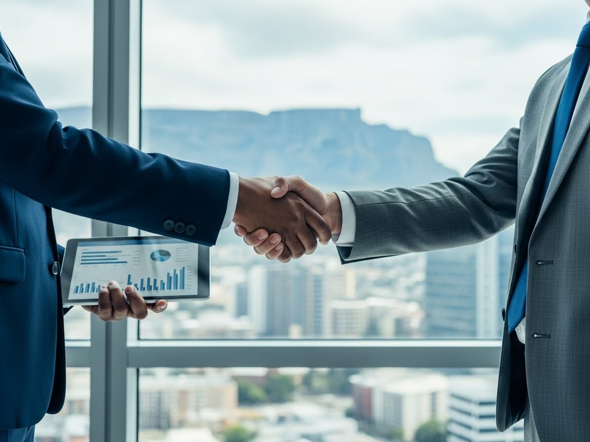 Business partners closing a merger and acquisition deal in Johannesburg office, guided by New Heights Finance.