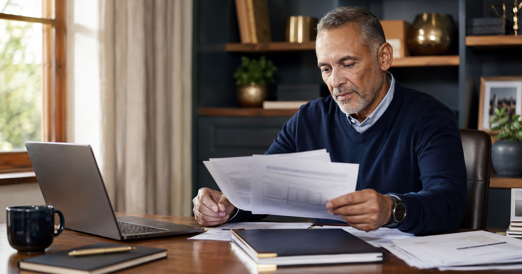 Bridging Loans For Pension Payouts How To Access Your Money Before It Arrives Feature Man reviewing pension fund payout documents while considering bridging finance