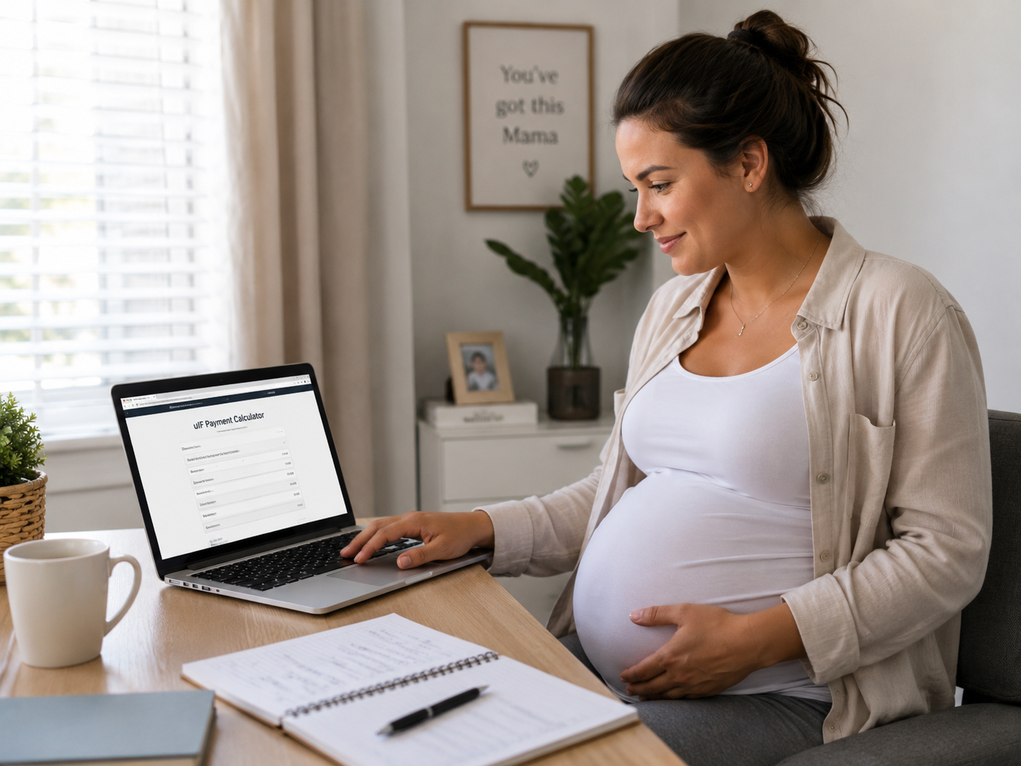 Pregnant woman calculating her UIF maternity benefit at home using a laptop
